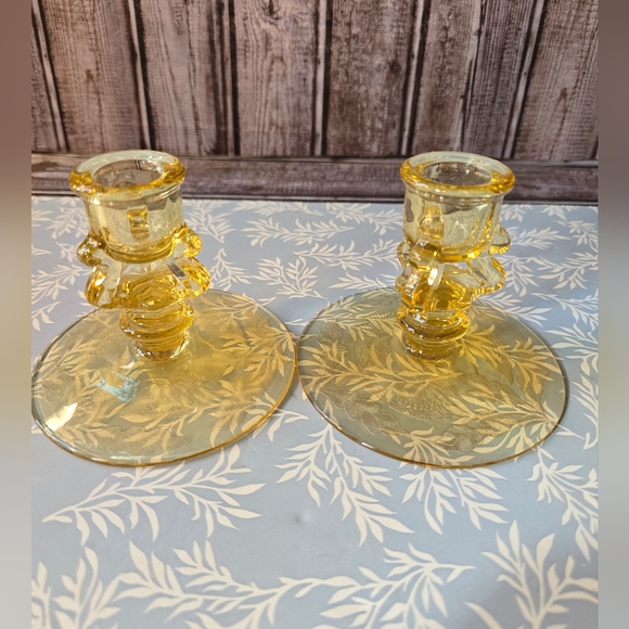 Source Unknown Other - Pair of Vintage Yellow Depression Glass Etched Floral Candle Candlestick Holders